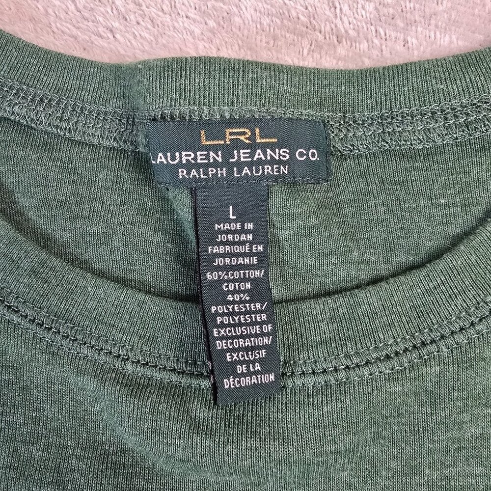 Lauren Ralph Lauren Top Womens Large Green Brown Faux Suede Elbow Patches Preppy - Picture 3 of 15